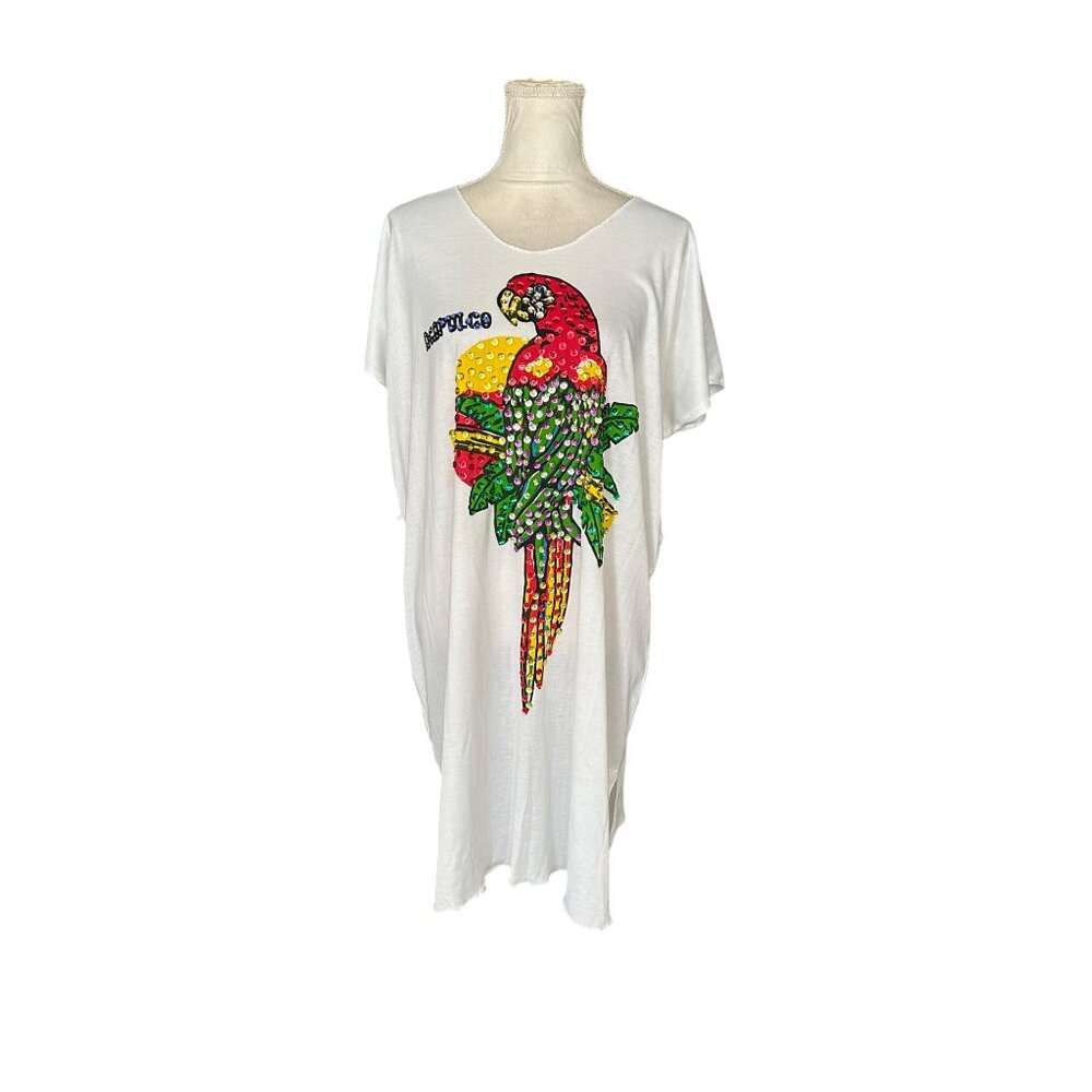 Mexican White Tunic T-Shirt Dress Sequin Parrot Design Womens One Size L-XL